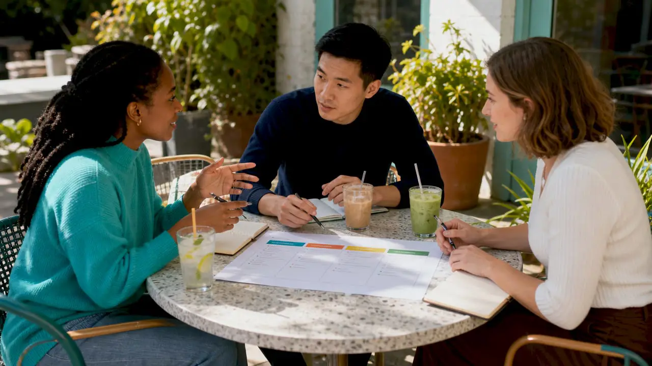 Overhead view of diverse team discussing hiring checklist