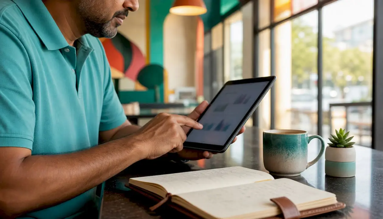 Hands interacting with recruiting KPI tablet