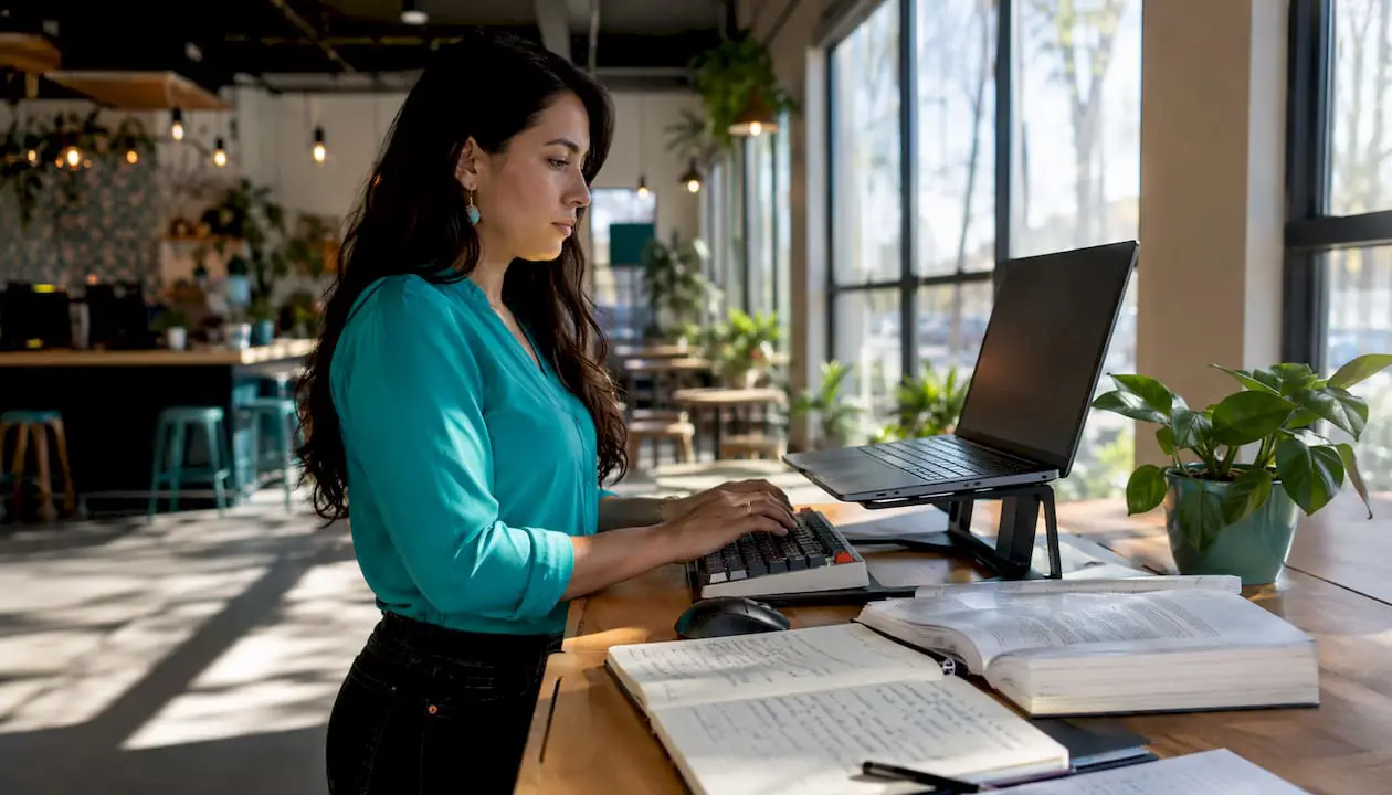 Hands typing at desk with technical materials