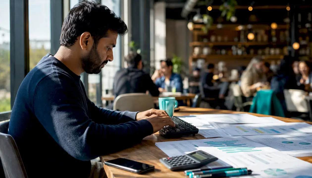 Man calculating recruitment costs at home office desk