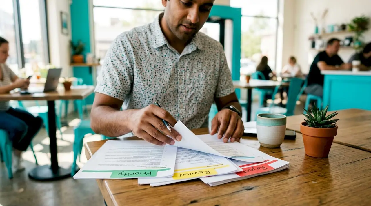 Hands sorting AI triage resume categories on desk