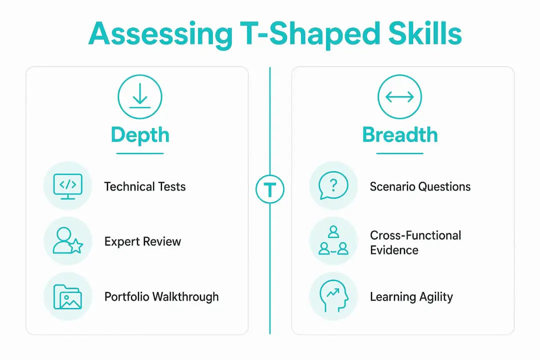 Infographic contrasting depth and breadth assessment methods for T-shaped skills