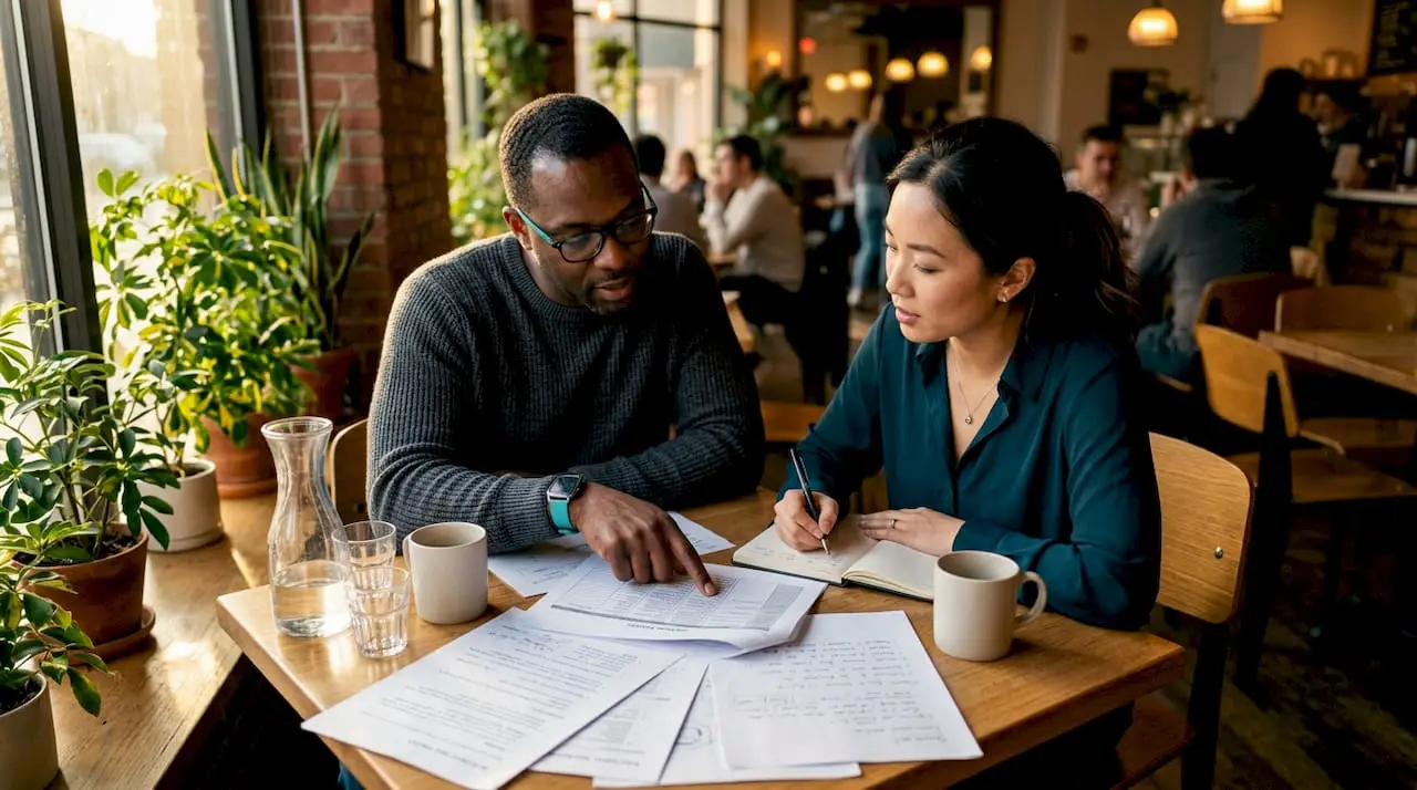 Two professionals discussing job task analysis