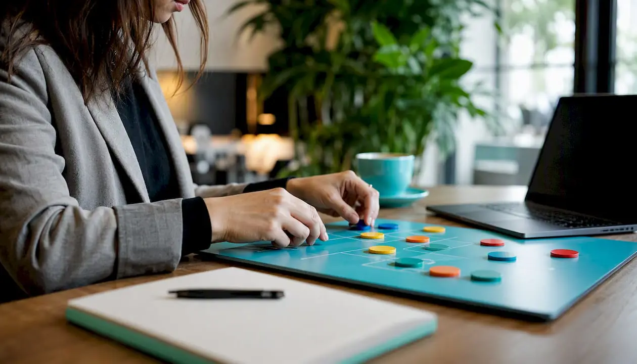Händer som arrangerar poängsättningsmarkörer på en filtbräda