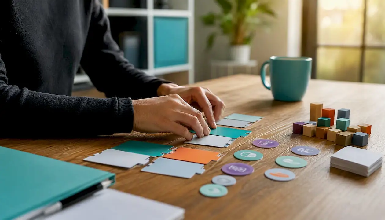 Hands arranging skill test props on desk