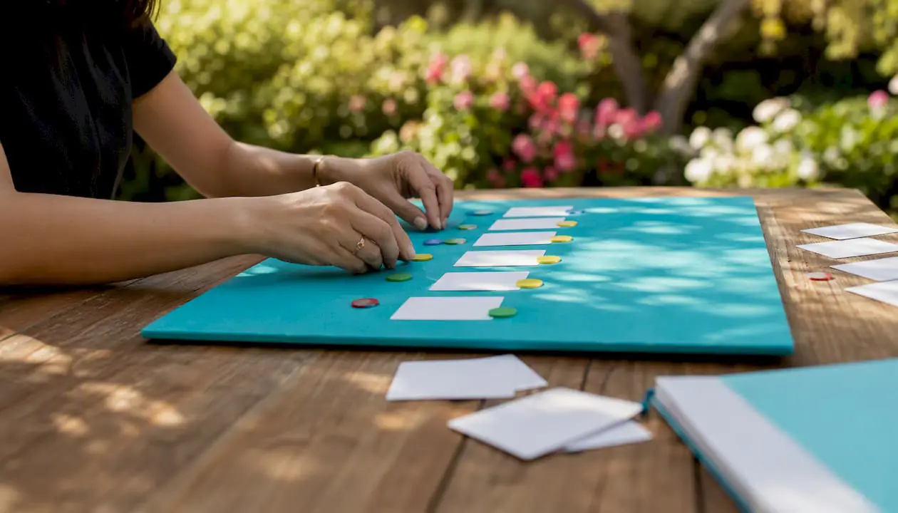 Hands aligning assessment tokens on felt board
