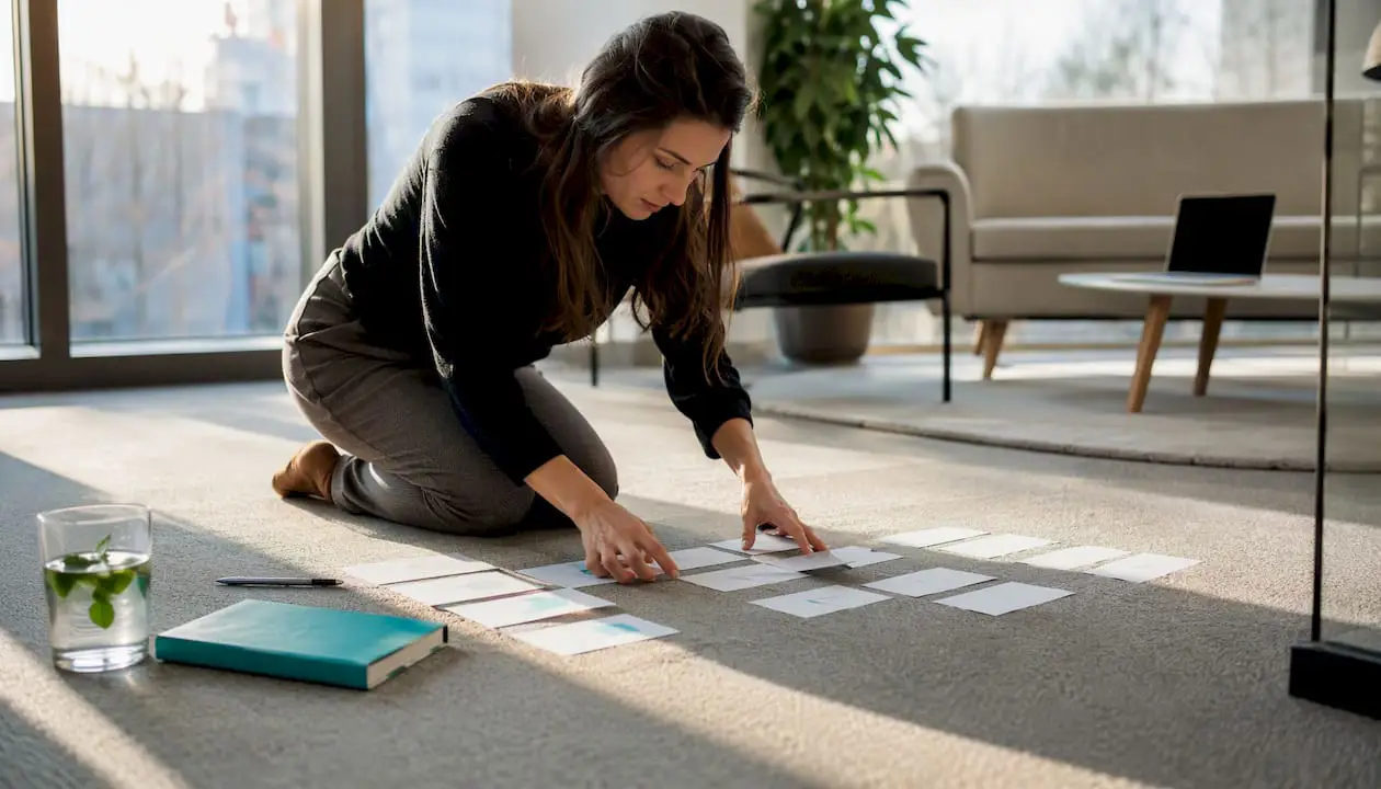 Hands sorting KPI metric cards on table