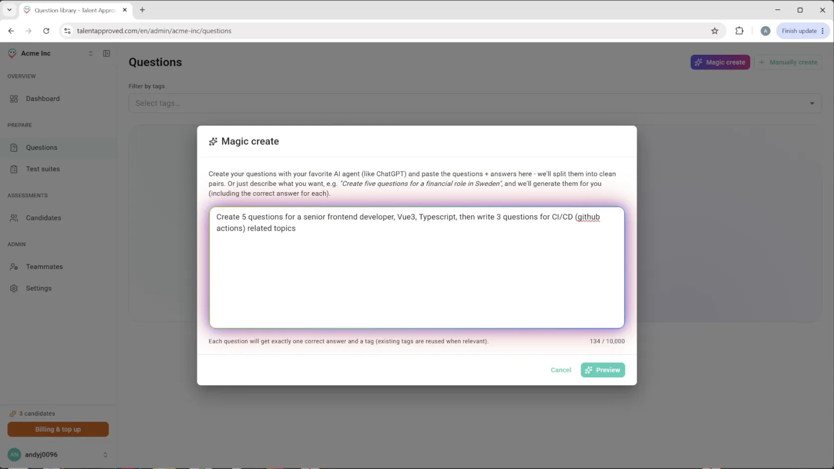 Magic Create lager et utkast til en rollespesifikk ferdighetstest fra en kort ledetekst