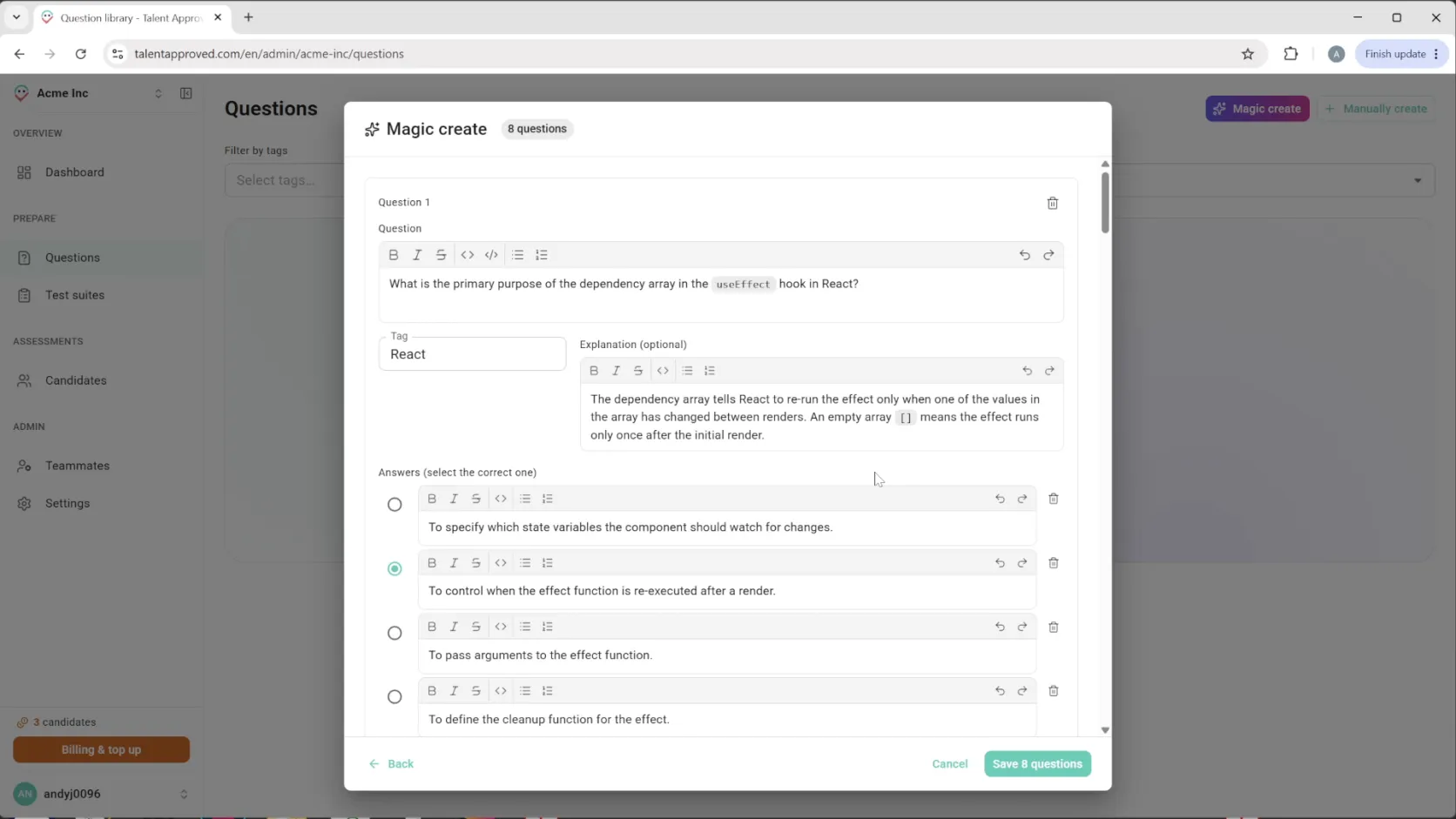 Magic Create mostrando preguntas de opción múltiple generadas con IA, listas para revisar y editar antes de publicar